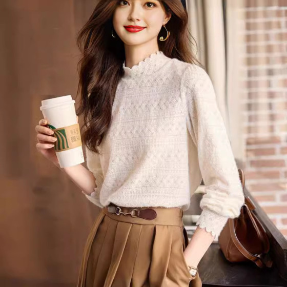 時尚氣質溫柔淑女襯衫女士重工百搭上衣打底衫