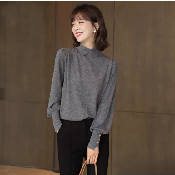 氣質顯瘦溫柔風半高領上衣女羊毛內搭打底衫燈籠袖針織衫