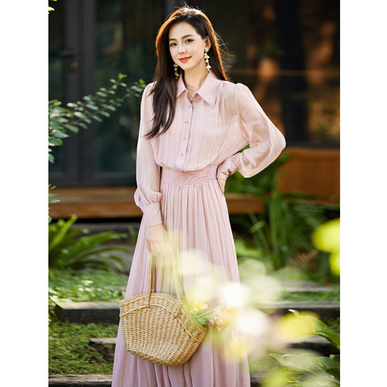 法式高級感真絲長裙大擺裙春季氣質修身長袖桑蠶絲連衣裙