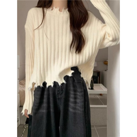 下擺破洞不規則軟糯針織打底衫毛衣女士設計感短款上衣