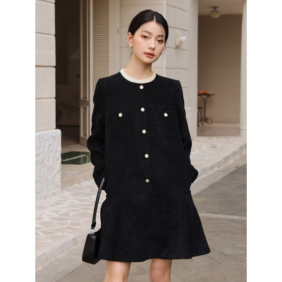 秋冬法式小香風連衣裙女士木耳邊圓領長袖套頭A字裙